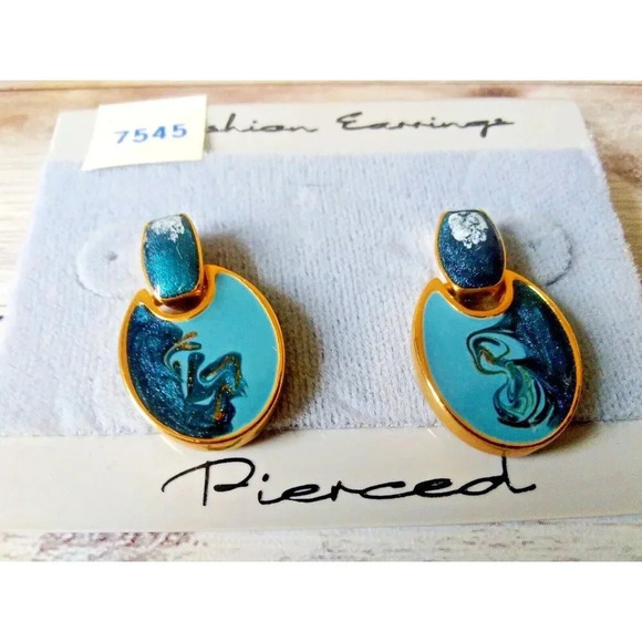 NWT Vintage 1980s Gold-Plated Blue Drop Earrings - Picture 1 of 5